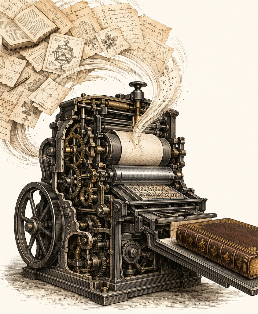 A printing press turning notes and diagrams into a bound book